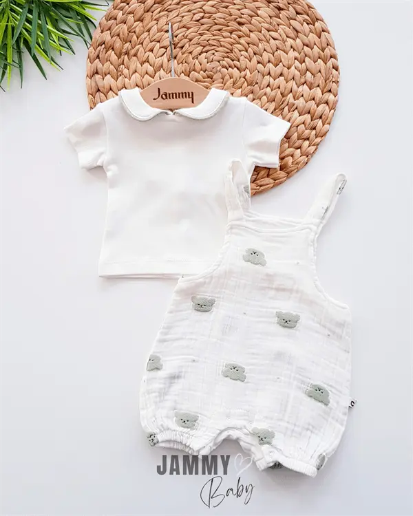 teddy bear embroidered muslin salopet & body set - brown - Justyol
