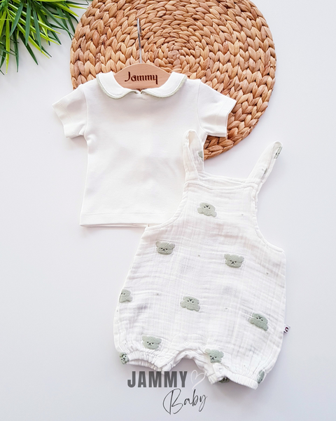 Teddy Bear Embroidered Muslin Salopet & Body Set