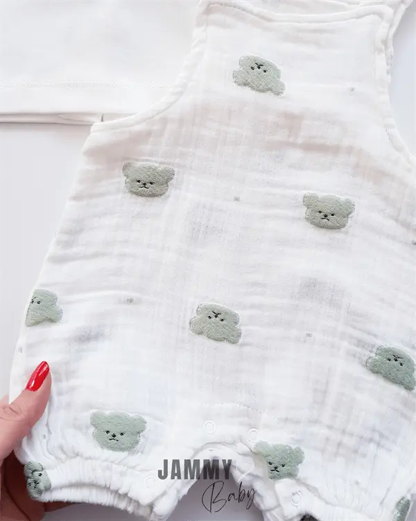 teddy bear embroidered muslin salopet & body set - brown - Justyol