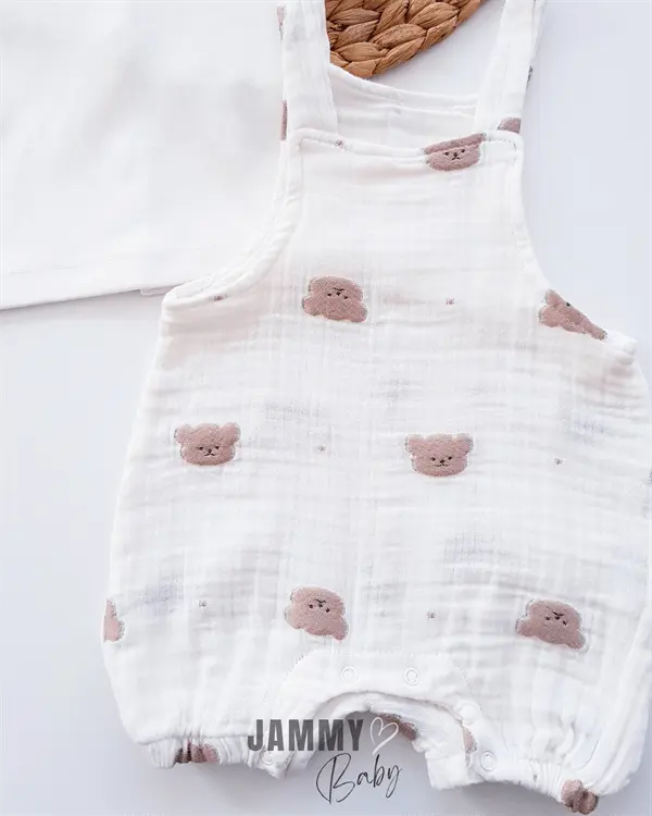 teddy bear embroidered muslin salopet & body set - brown - Justyol
