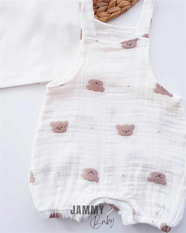 teddy bear embroidered muslin salopet & body set-brown