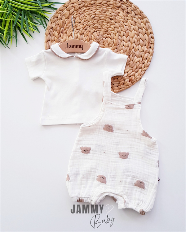 teddy bear embroidered muslin salopet & body set-brown