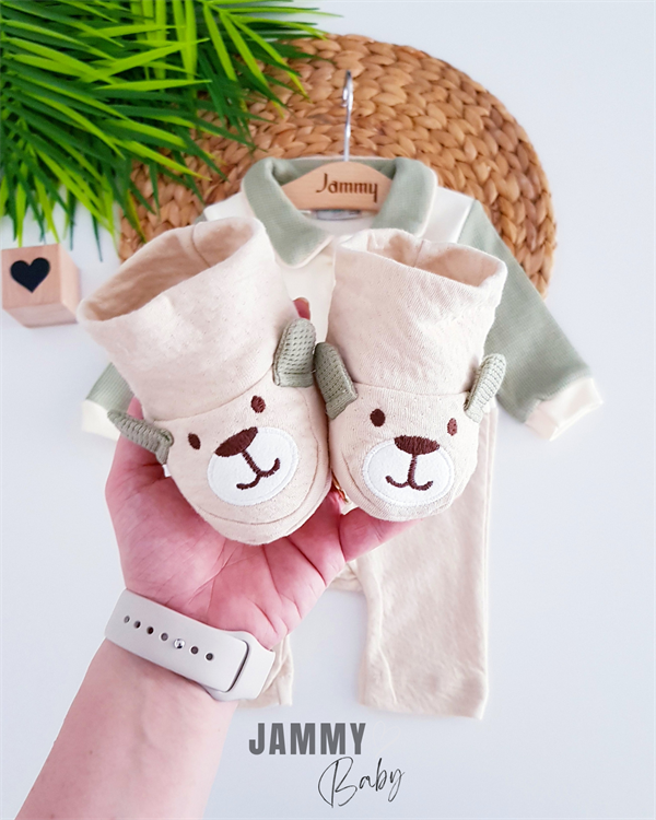 teddy bear embroidered booties overalls set