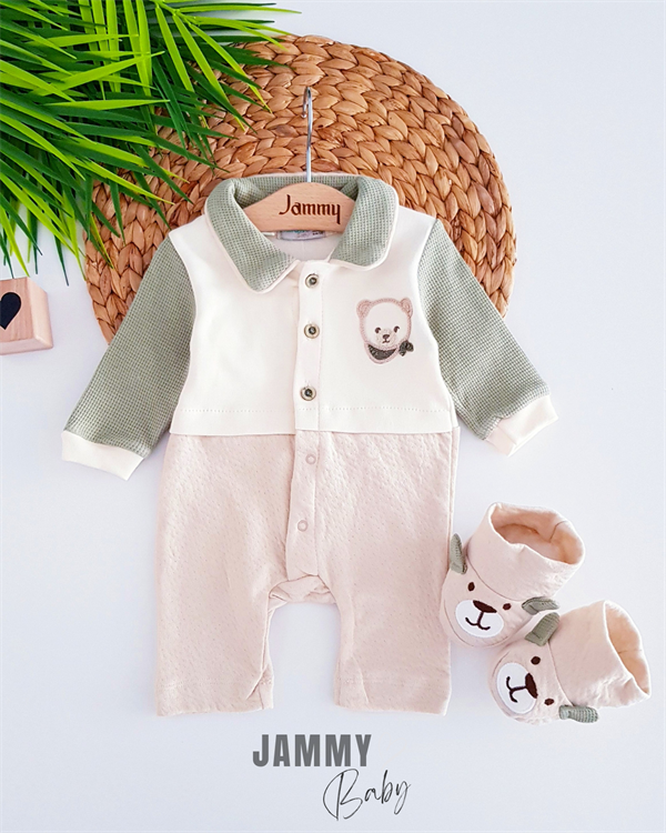 teddy bear embroidered booties overalls set