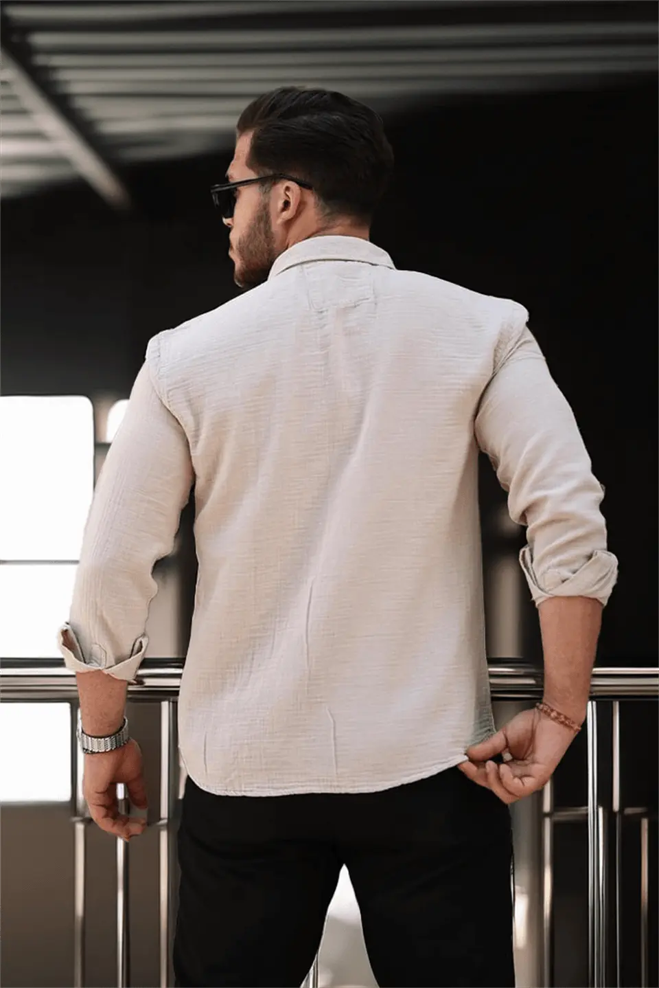 nefes alabilir yarim oversize müslin kumaş uzun kol yakali erkek gömlek - Justyol