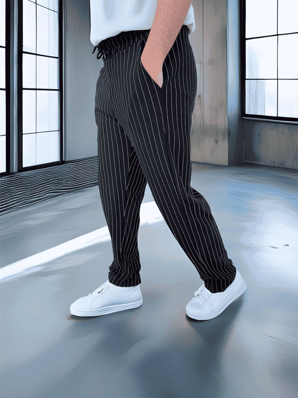 krep kumaş çizgili rahat kalip erkek pantolon - Justyol
