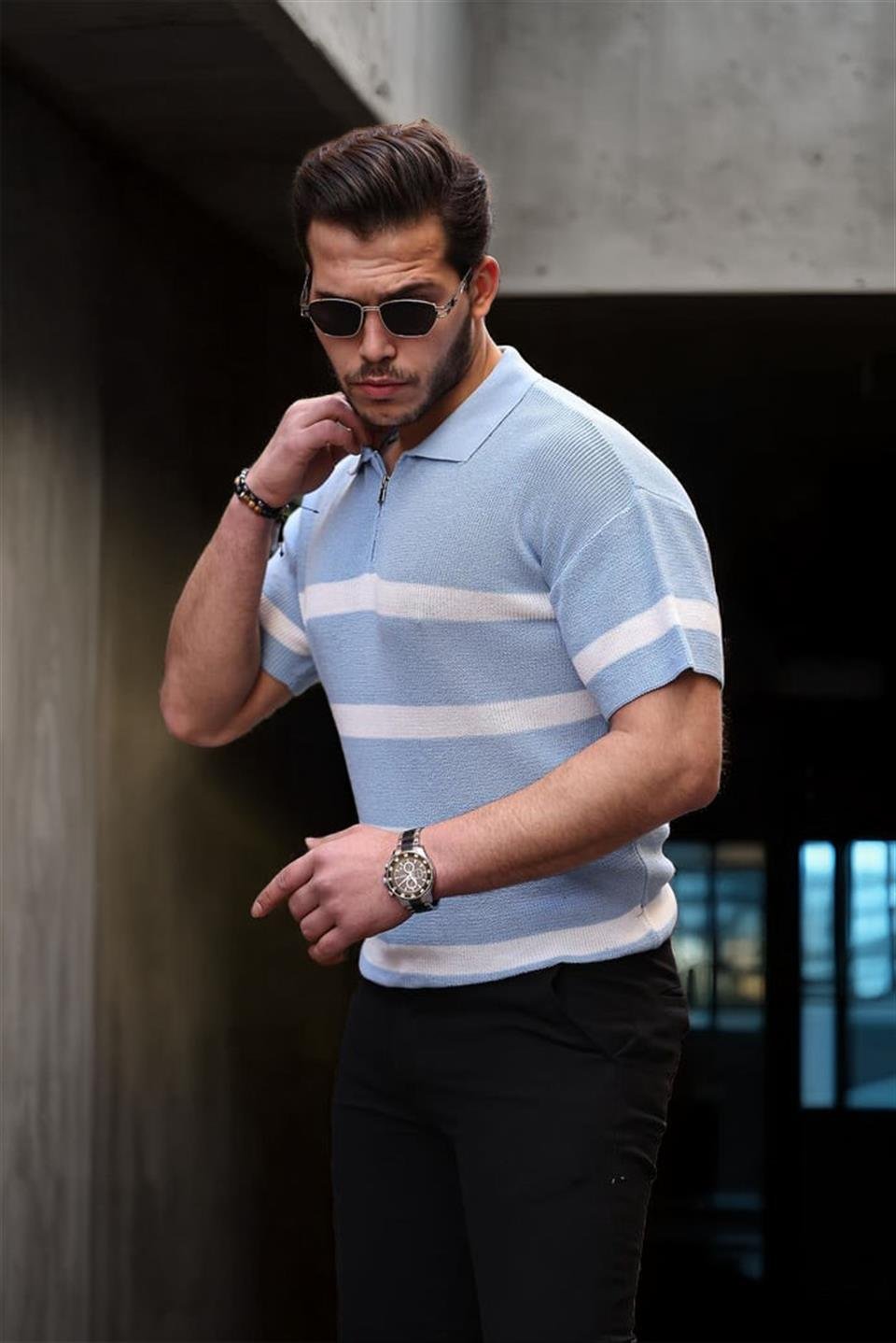 yarim fermuar çizgili oversize triko t-shirt - Justyol