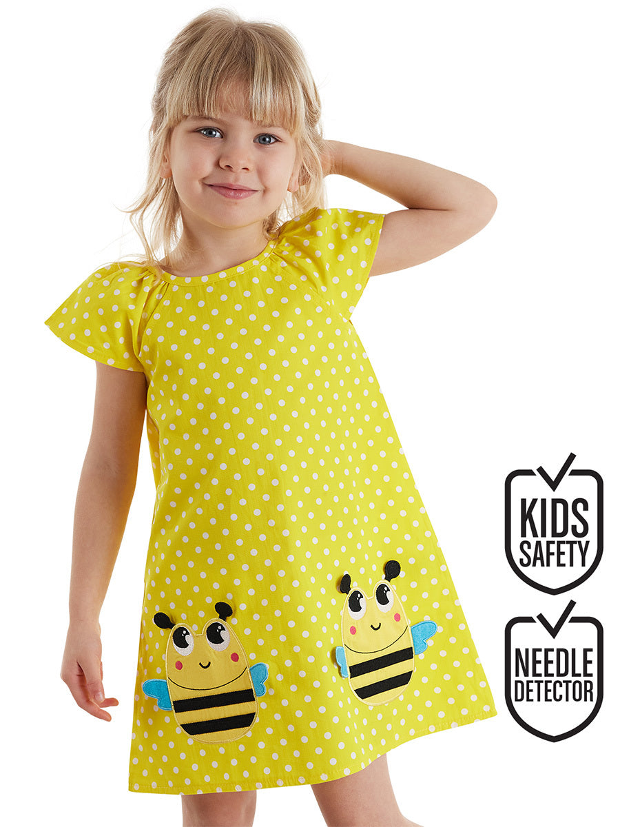 Robe Fille à Pois avec Appliqué Abeille 3D – Robe Été en Coton Popeline