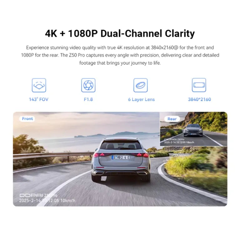 دي دي باي Z50 Pro كاميرا سيارة أمامية وخلفية 4K مع GPS وواي فاي