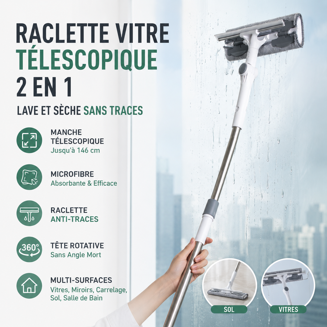 Raclette Vitre Télescopique Multifonction avec Microfibre