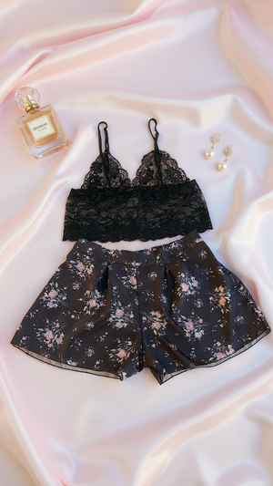 Pajama set 316 -Floral Satin & Lace 3-Piece Nightwear Set – Robe, Bralette & short Erotica