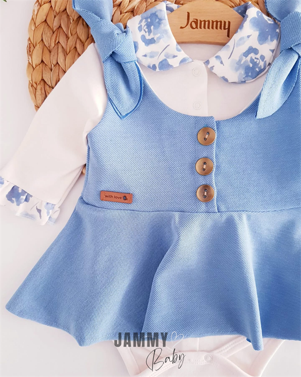 bloom çiçek desenli body / omuz fiyonklu jile elbise-bebe mavi