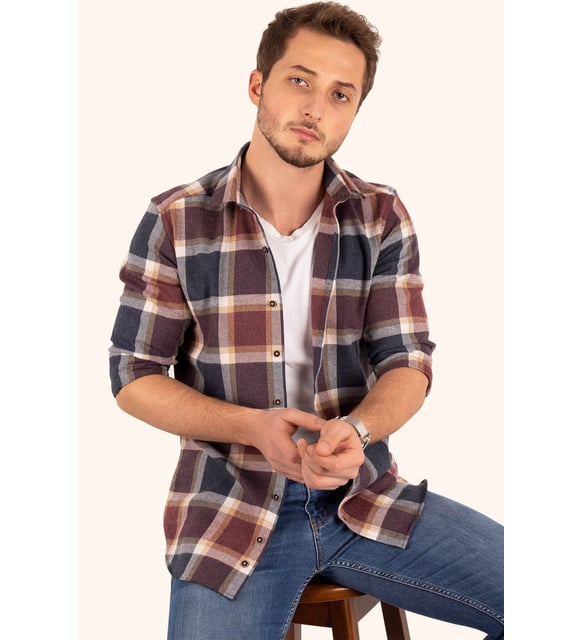 Lacivert Bordo Kareli Kışlık Oduncu Kutulu Gömlek - 6413 - Justyol