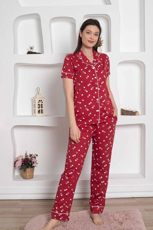 dreamy pamuklu biyeli kalp desenli kisa kollu cepli gömlek pijama takimi