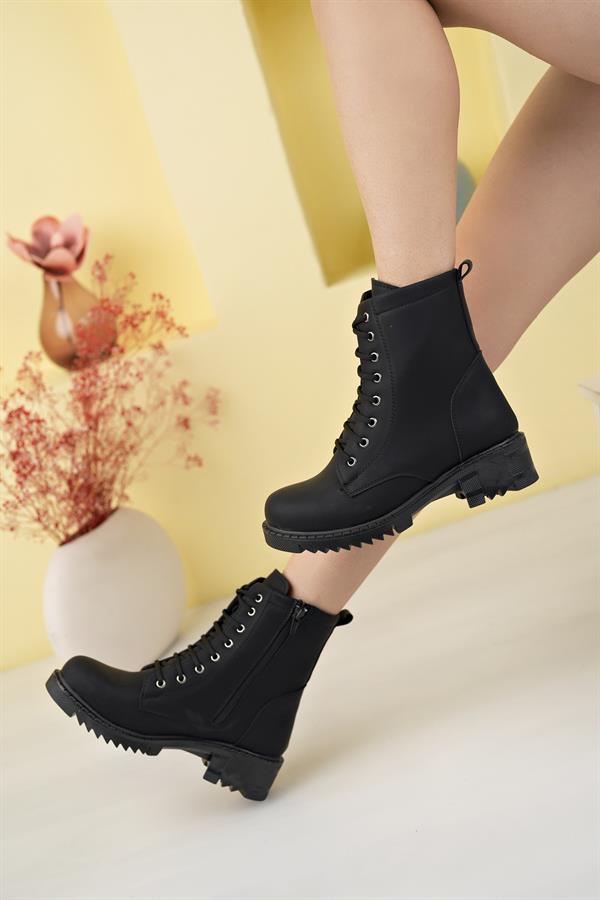 siyah nubuk kişlik şik botu kalin tabanli fermuarli ortaboy cm topuk yarim pu deri günlük bot - Justyol