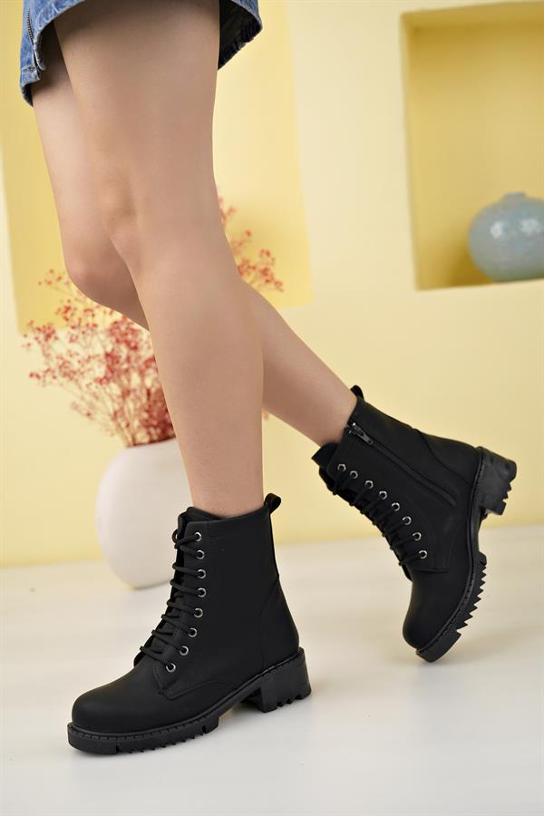 siyah nubuk kişlik şik botu kalin tabanli fermuarli ortaboy cm topuk yarim pu deri günlük bot - Justyol