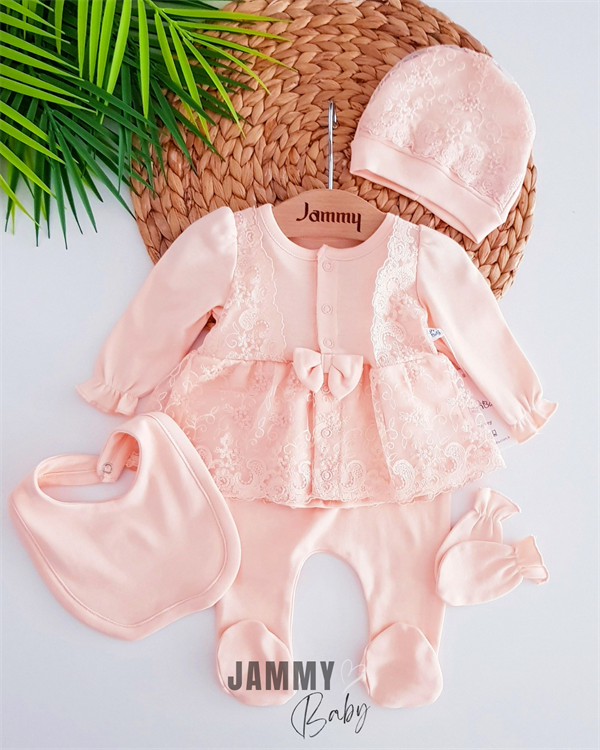 bride lace detailed 5 piece newborn set-salmon