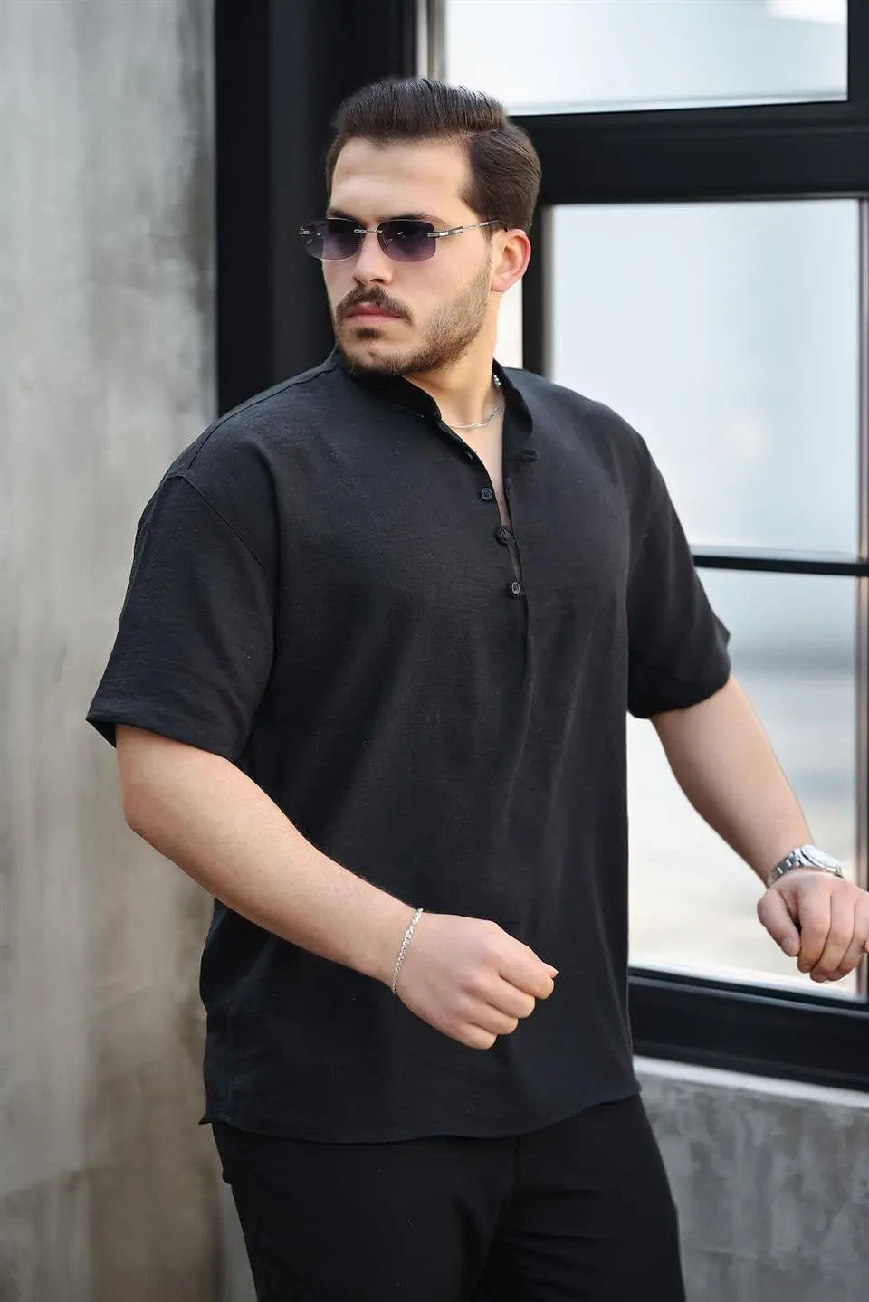 wes oversize yarim pat bambu kisa kol gömlek - Justyol