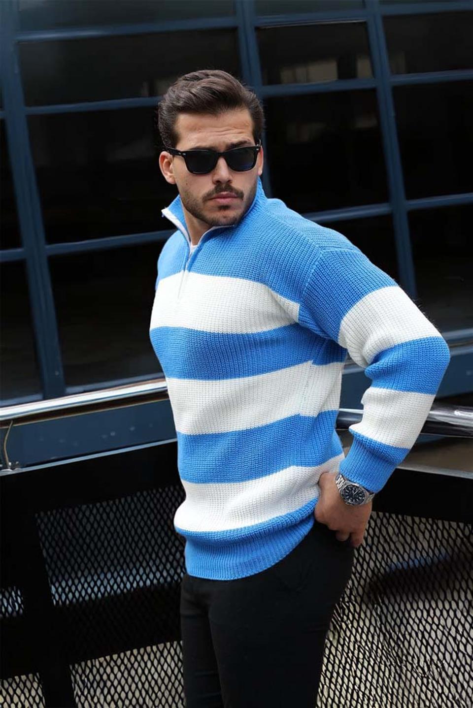 Pull Homme Pedro Rayé Demi-Zip en Maille Selanik