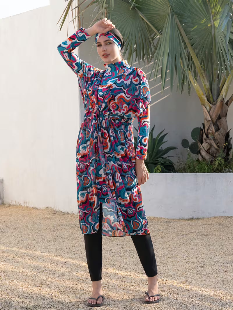Burkini Femme Modeste 4 Pièces Imprimé – Ensemble Maillot de Bain avec Turban