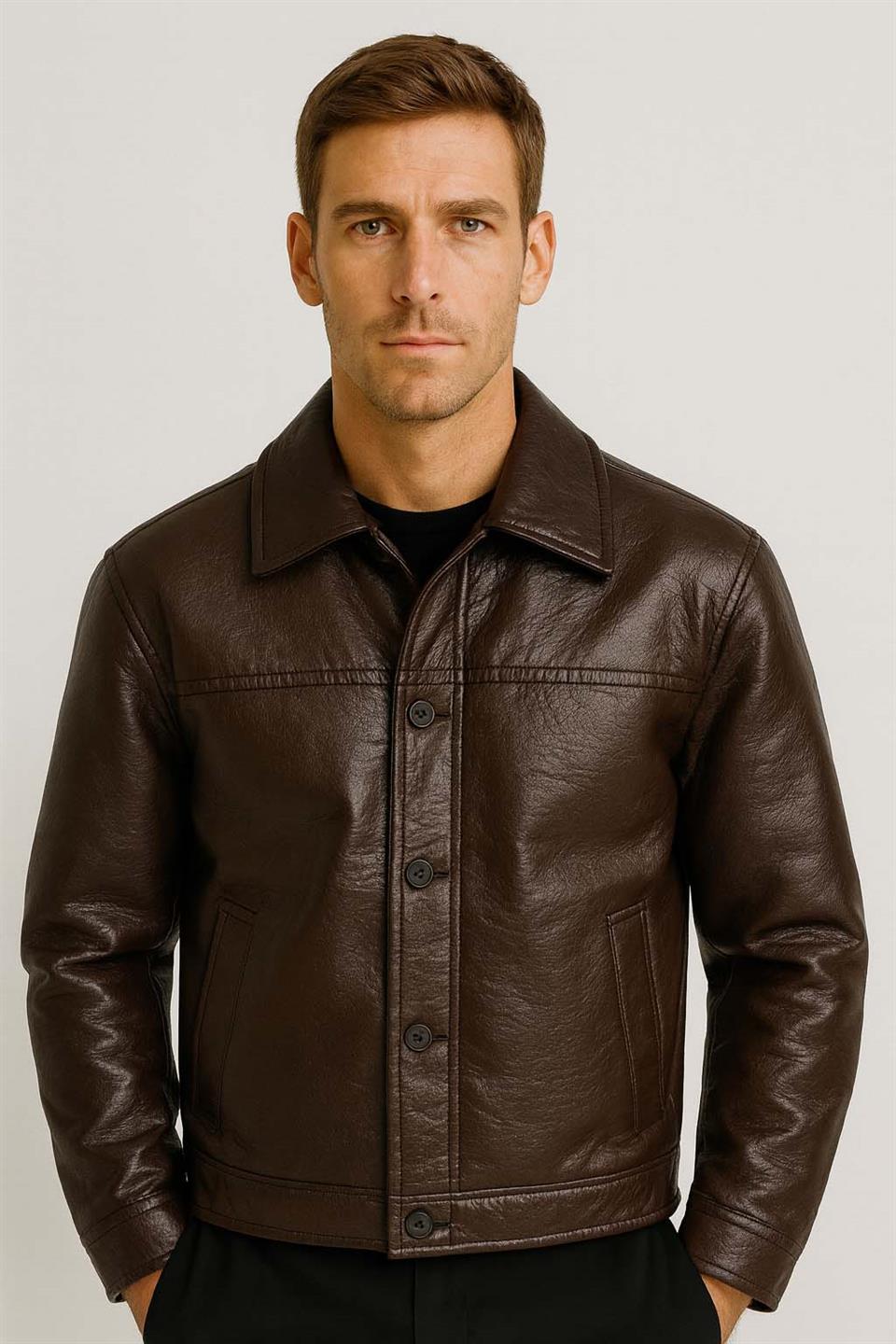 denzel düğmeli yan cepli deri görünümlü erkek ceket Valiberta