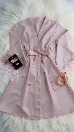Robe 401 -Blush Pink Satin Robe with Feather Trim Erotica