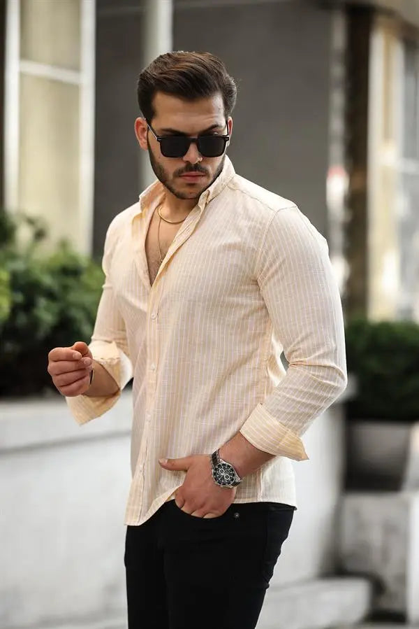 <tc>قميص رجالي مخطط باكمام طويلة - من القطن</tc>