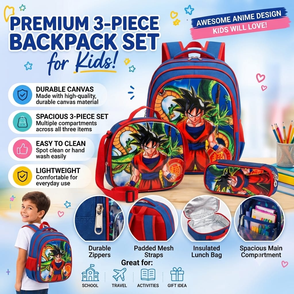 cartable à Dos Scolaire 3D Ensemble 3 pièces Dragon ball Z pour garçon -qualité superieure – Sac à dos, sac à bandoulière et trousse de 6ans à 12ans primaire 40CM/30CM