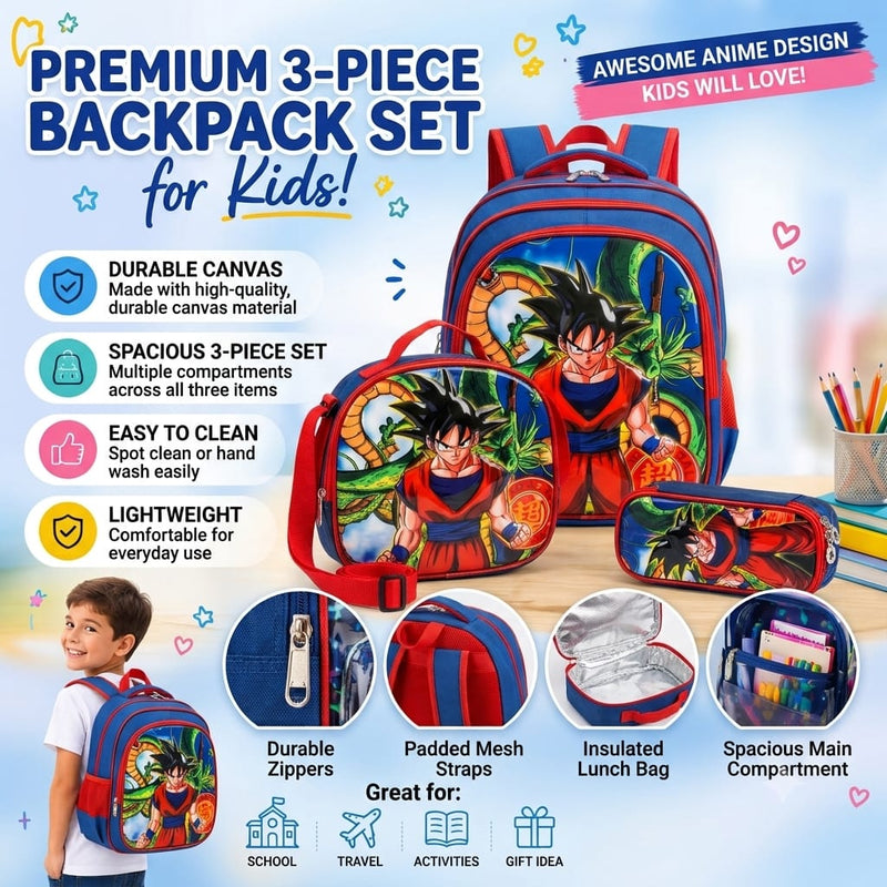 cartable à Dos Scolaire 3D Ensemble 3 pièces Dragon ball Z pour garçon -qualité superieure – Sac à dos, sac à bandoulière et trousse de 6ans à 12ans primaire 40CM/30CM