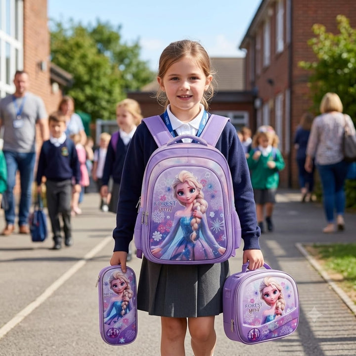 cartable à Dos Scolaire 3D Ensemble 3 pièces Elsa pour fille-qualité superieure – Sac à dos, sac à bandoulière et trousse de 6ans à 12ans primaire 40CM/30CM