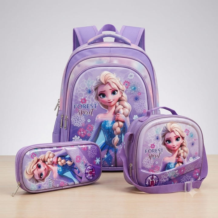 cartable à Dos Scolaire 3D Ensemble 3 pièces Elsa pour fille-qualité superieure – Sac à dos, sac à bandoulière et trousse de 6ans à 12ans primaire 40CM/30CM