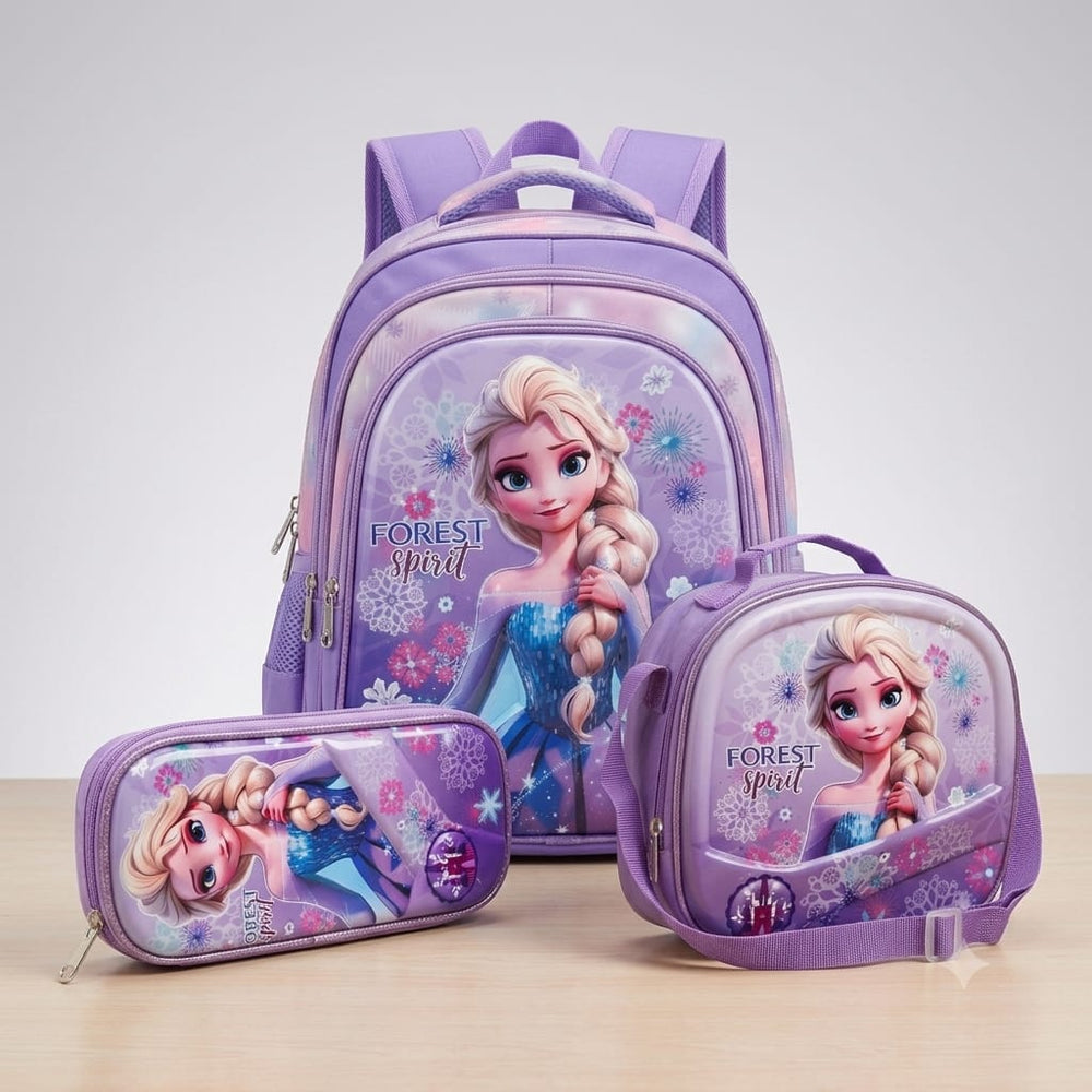 cartable à Dos Scolaire 3D Ensemble 3 pièces Elsa pour fille-qualité superieure – Sac à dos, sac à bandoulière et trousse de 6ans à 12ans primaire 40CM/30CM