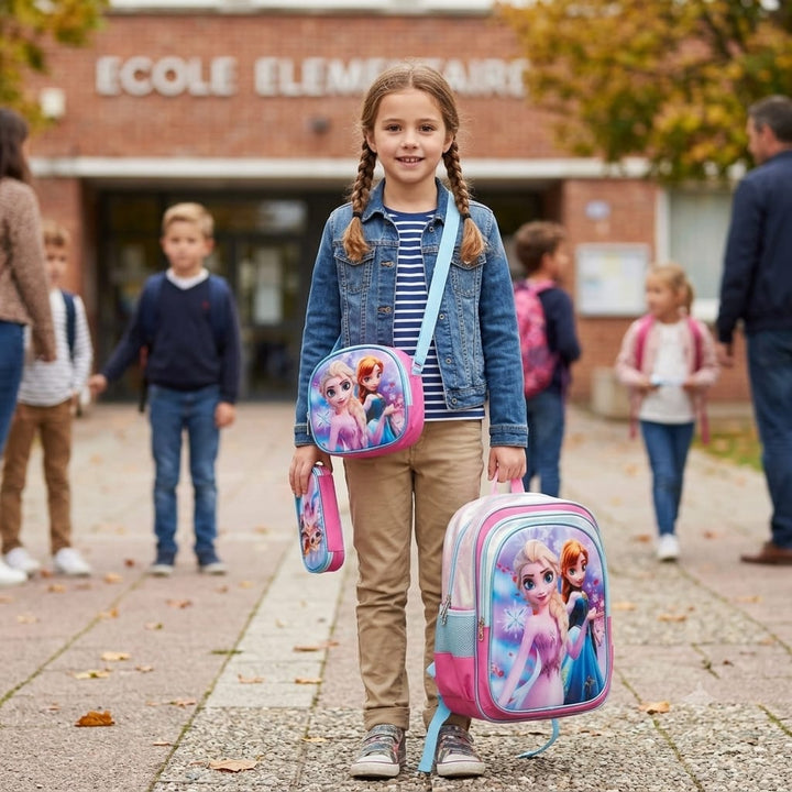 cartable à Dos Scolaire 3D Ensemble 3 pièces Reine des Neiges pour fille-qualité superieure – Sac à dos, sac à bandoulière et trousse de 6ans à 12ans primaire 40CM/30CM