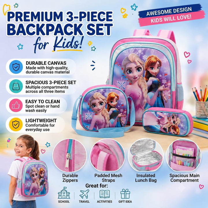 cartable à Dos Scolaire 3D Ensemble 3 pièces Reine des Neiges pour fille-qualité superieure – Sac à dos, sac à bandoulière et trousse de 6ans à 12ans primaire 40CM/30CM