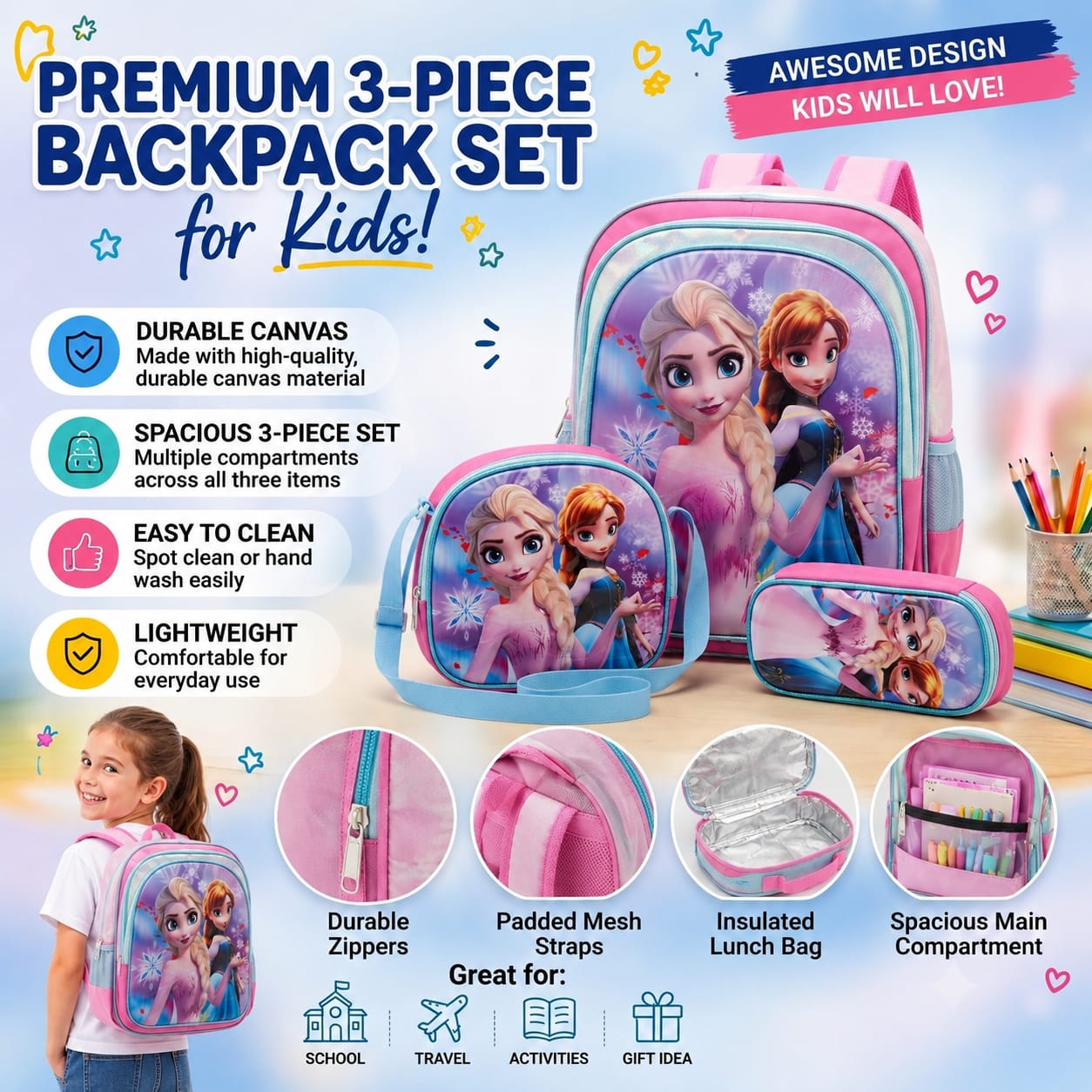 cartable à Dos Scolaire 3D Ensemble 3 pièces Reine des Neiges pour fille-qualité superieure – Sac à dos, sac à bandoulière et trousse de 6ans à 12ans primaire 40CM/30CM