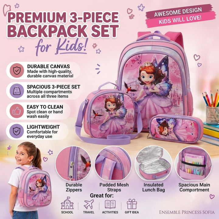 cartable à Dos Scolaire 3D Ensemble 3 pièces princesse féerique Sofia pour fille-qualité superieure – Sac à dos, sac à bandoulière et trousse de 6ans à 12ans primaire 40CM/30CM
