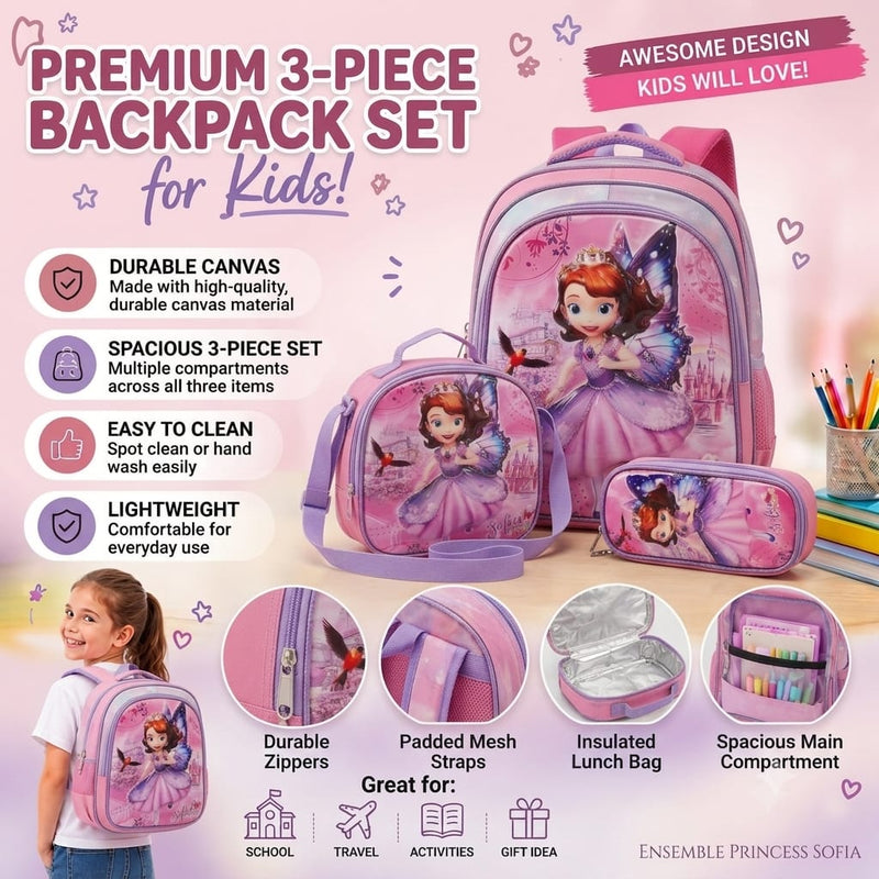 cartable à Dos Scolaire 3D Ensemble 3 pièces princesse féerique Sofia pour fille-qualité superieure – Sac à dos, sac à bandoulière et trousse de 6ans à 12ans primaire 40CM/30CM