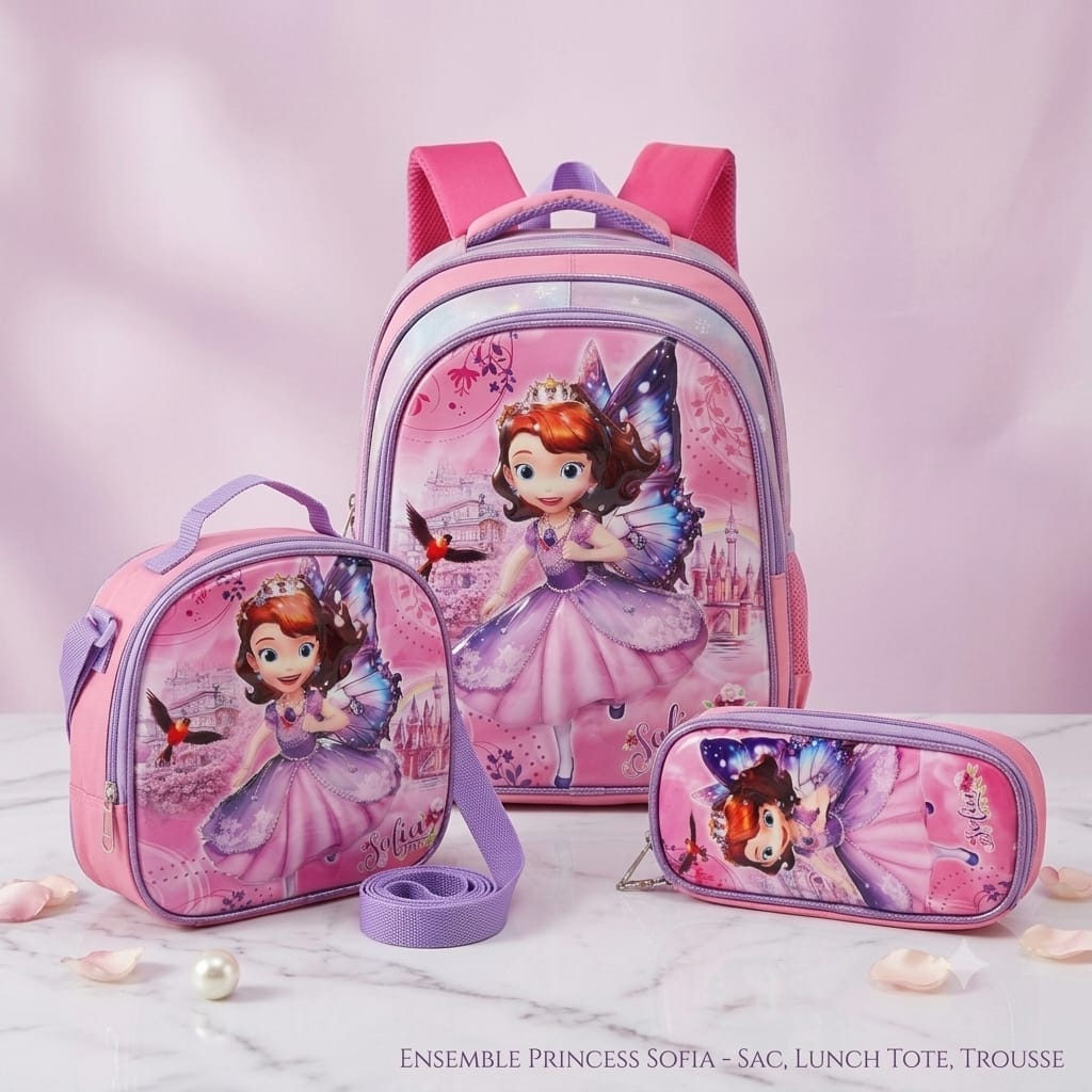 cartable à Dos Scolaire 3D Ensemble 3 pièces princesse féerique Sofia pour fille-qualité superieure – Sac à dos, sac à bandoulière et trousse de 6ans à 12ans primaire 40CM/30CM