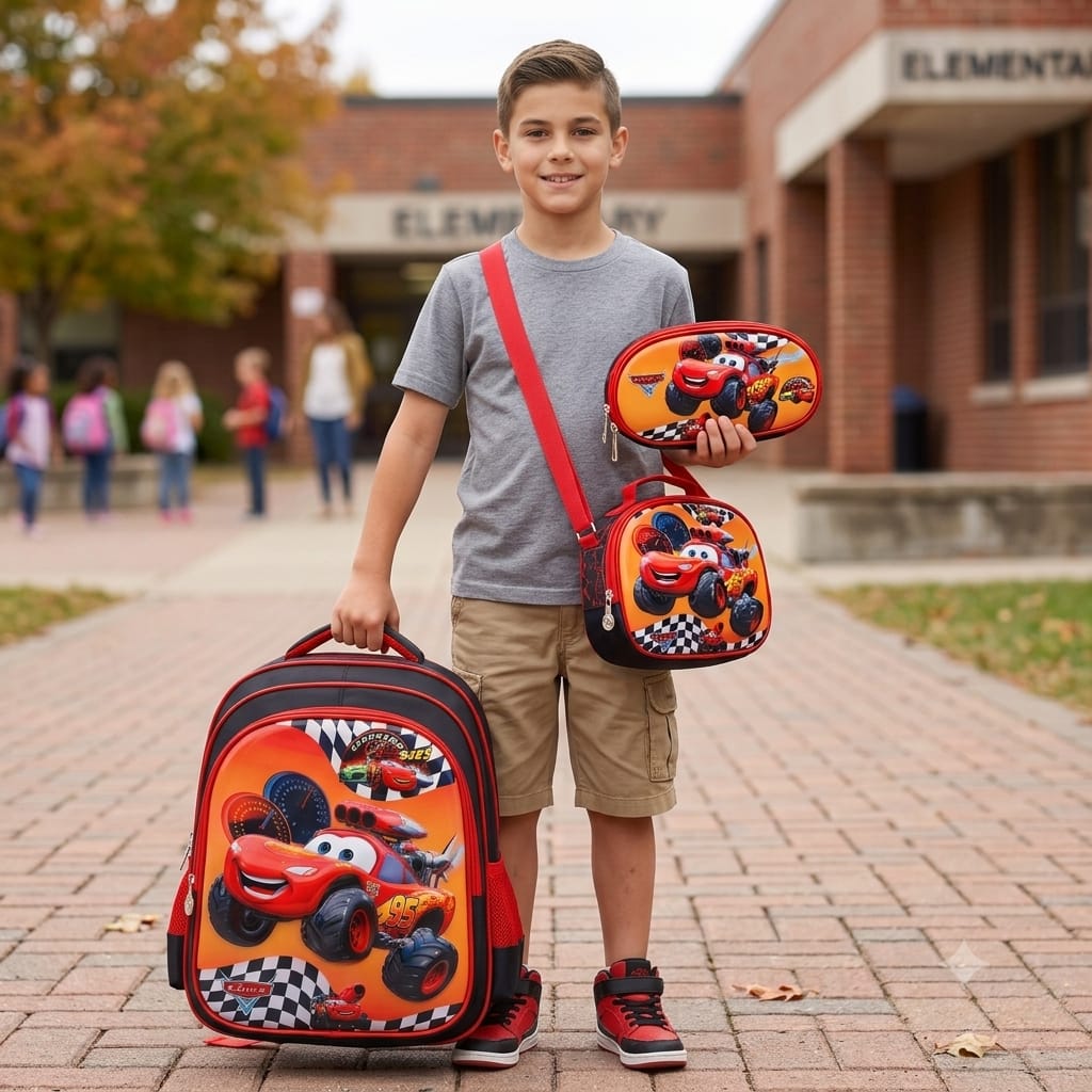 cartable à Dos Scolaire 3D Ensemble 3 pièces cars pour garçon-qualité superieure – Sac à dos, sac à bandoulière et trousse de 6ans à 12ans primaire 40CM/30CM