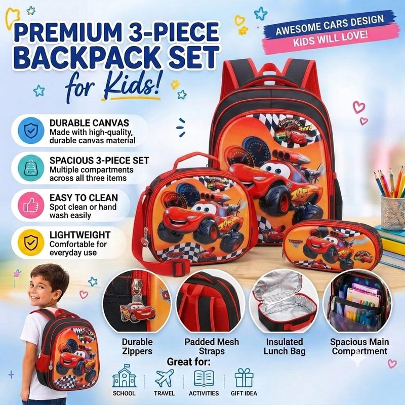 cartable à Dos Scolaire 3D Ensemble 3 pièces cars pour garçon-qualité superieure – Sac à dos, sac à bandoulière et trousse de 6ans à 12ans primaire 40CM/30CM