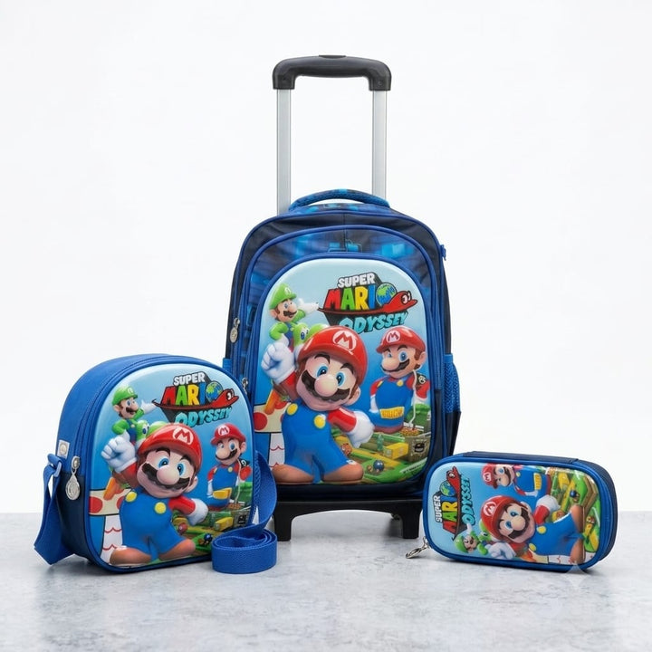 Cartable scolaire 3 pièces Super Mario Odyssey avec sac à dos à roulettes pour garçon-qualité superieure – Sac à dos, sac à bandoulière et trousse de 6ans à 12ans primaire 40CM/30CM