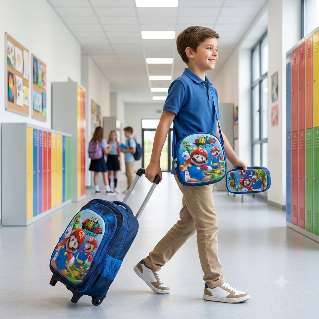 Cartable scolaire 3 pièces Super Mario Odyssey avec sac à dos à roulettes pour garçon-qualité superieure – Sac à dos, sac à bandoulière et trousse de 6ans à 12ans primaire 40CM/30CM