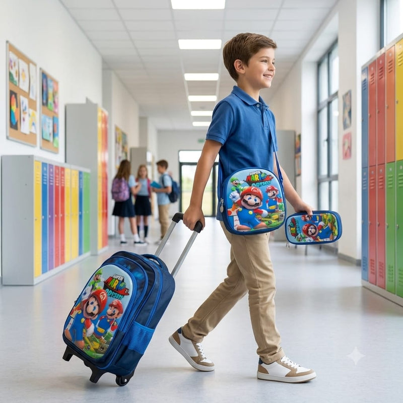 Cartable scolaire 3 pièces Super Mario Odyssey avec sac à dos à roulettes pour garçon-qualité superieure – Sac à dos, sac à bandoulière et trousse de 6ans à 12ans primaire 40CM/30CM