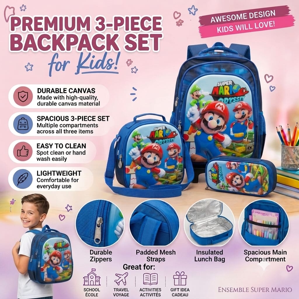 Cartable scolaire 3 pièces Super Mario Odyssey avec sac à dos à roulettes pour garçon-qualité superieure – Sac à dos, sac à bandoulière et trousse de 6ans à 12ans primaire 40CM/30CM