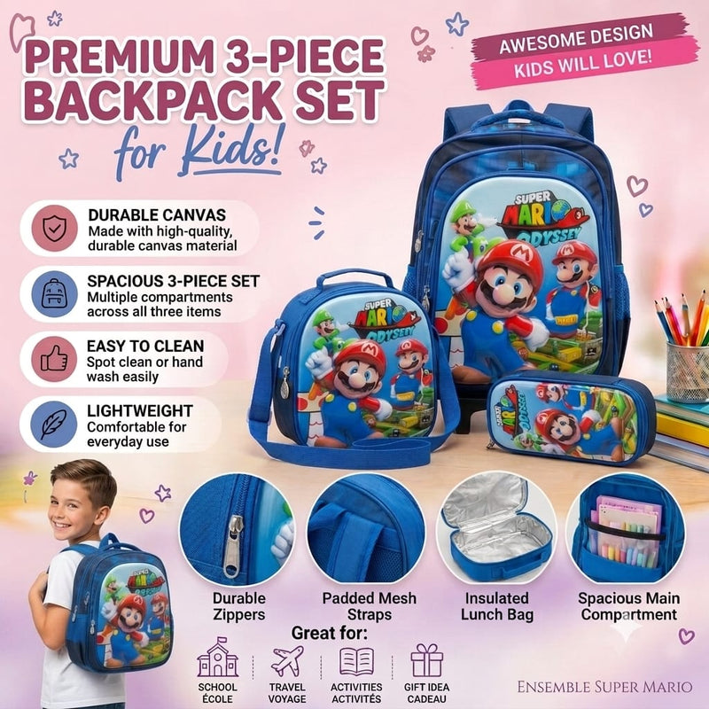 Cartable scolaire 3 pièces Super Mario Odyssey avec sac à dos à roulettes pour garçon-qualité superieure – Sac à dos, sac à bandoulière et trousse de 6ans à 12ans primaire 40CM/30CM