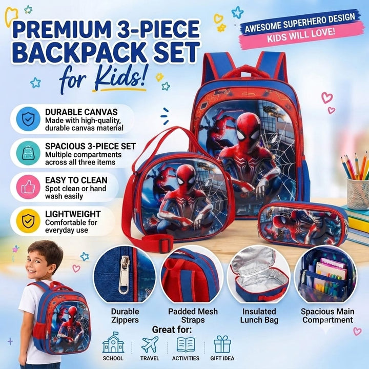 cartable à Dos Scolaire 3D Ensemble 3 pièces Spiderman pour garçon-qualité superieure – Sac à dos, sac à bandoulière et trousse de 6ans à 12ans primaire 40CM/30CM