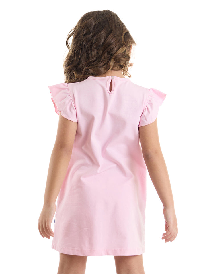 Robe Fille en Coton avec Motif Chats & Manches Volantées