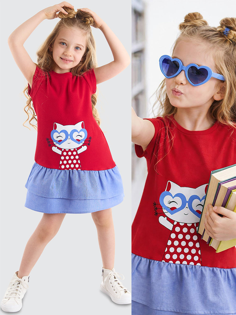 Robe Fille en Coton avec Motif Chat & Volants Effet Denim