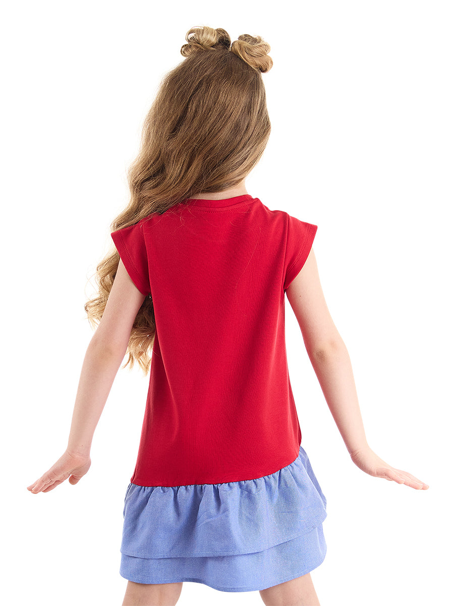 Robe Fille en Coton avec Motif Chat & Volants Effet Denim