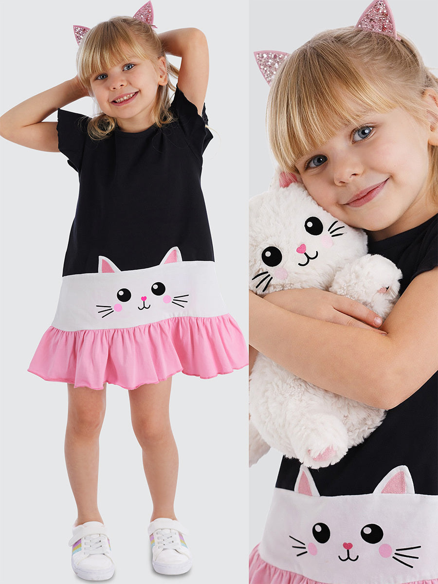 Robe Fille en Coton avec Motif Chat & Détails Oreilles 3D